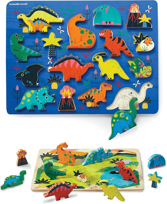 16 Piece Wood Puzzle + Playset - Dinosaur
