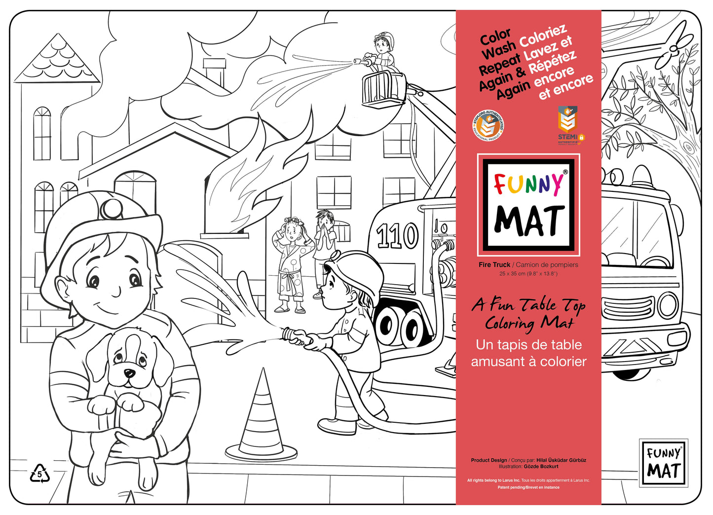 Table top coloring mat, compact size, firetruck