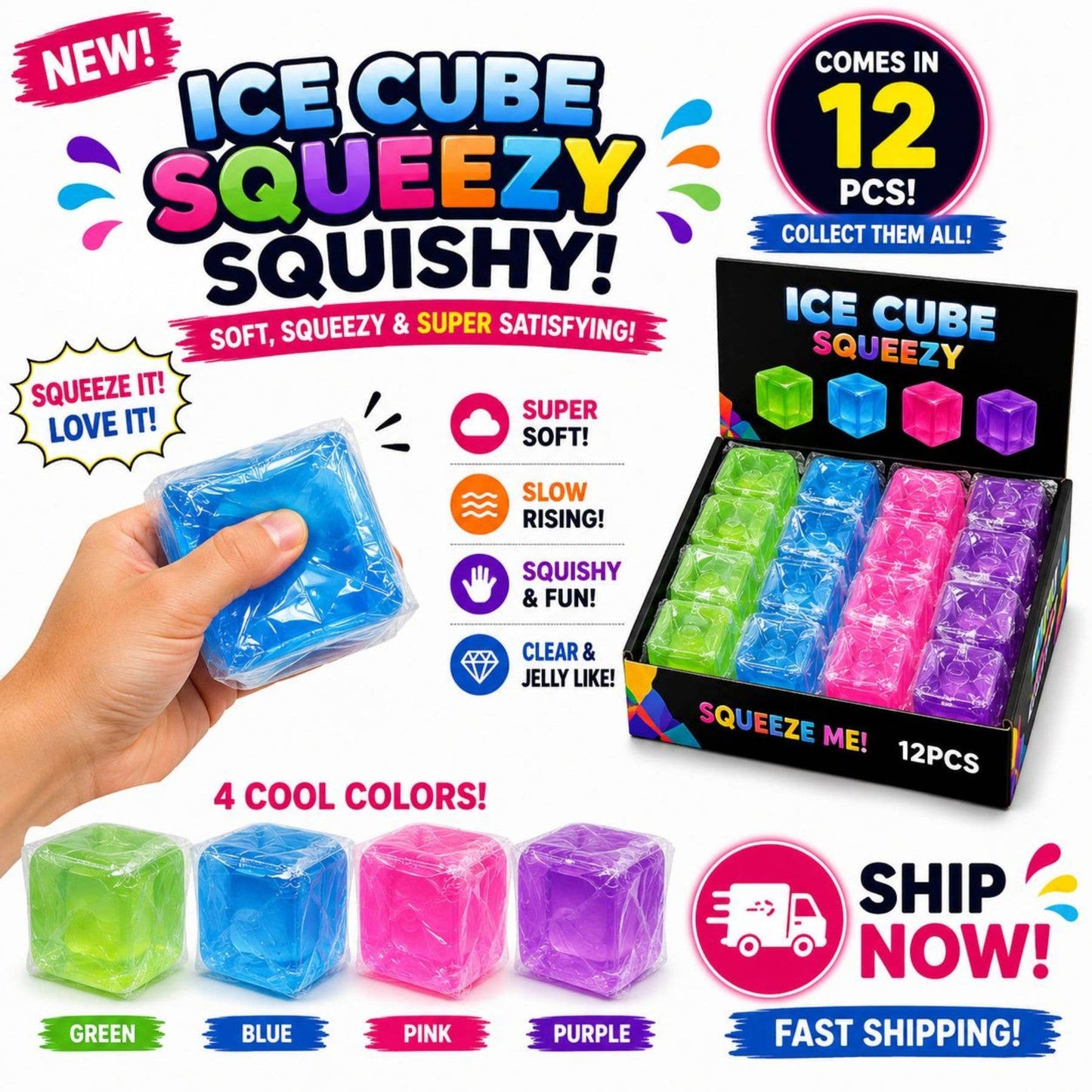 Ice Cube Squeezy Sugar Squishy – Clear Jelly Stress Toy