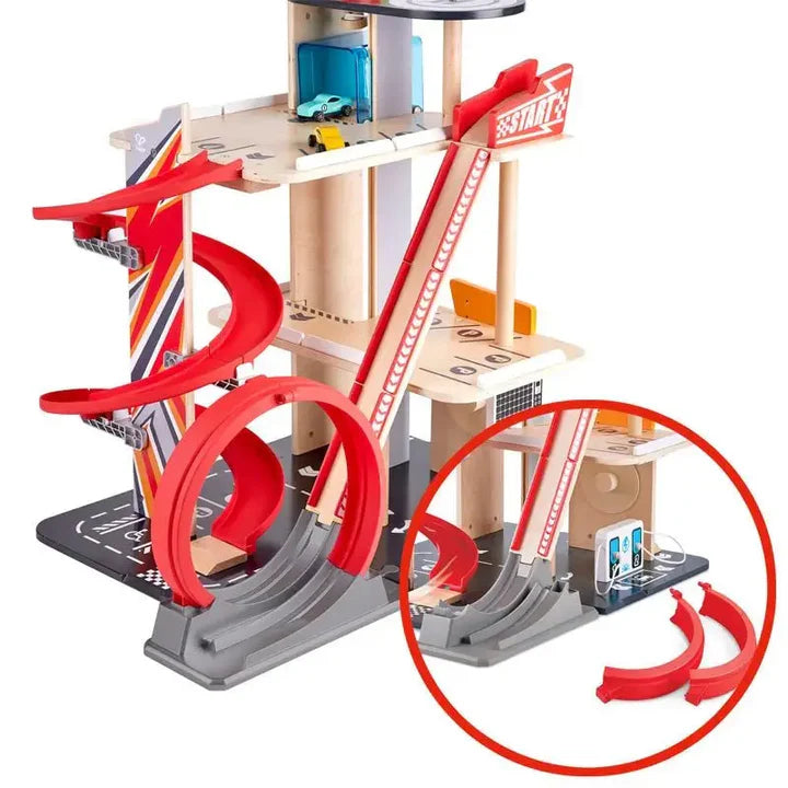 Hape Gearhead Stunt Garage Wooden High Rise Car Parking Lot