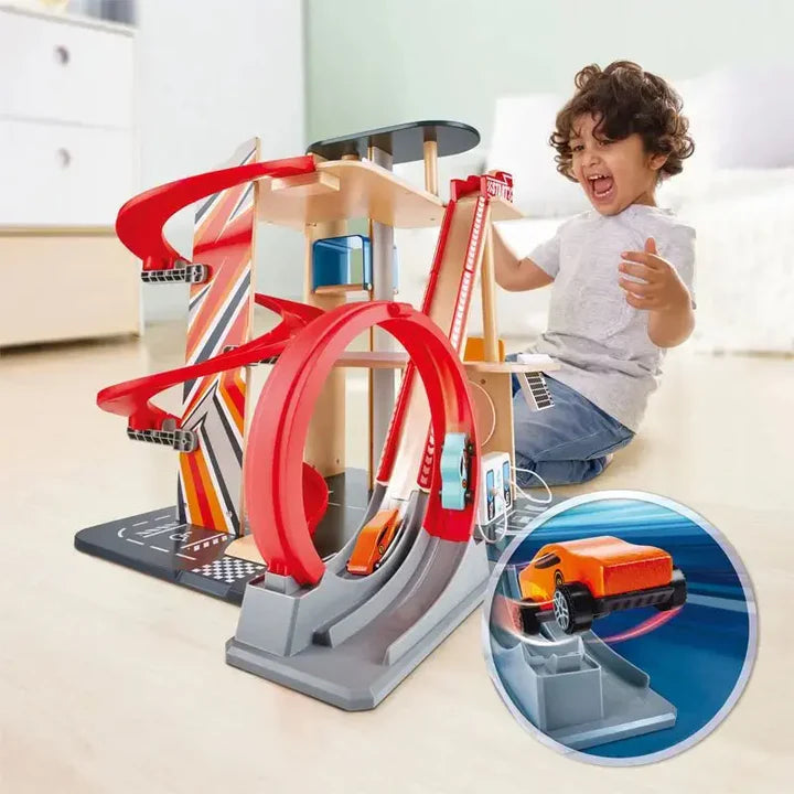 Hape Gearhead Stunt Garage Wooden High Rise Car Parking Lot