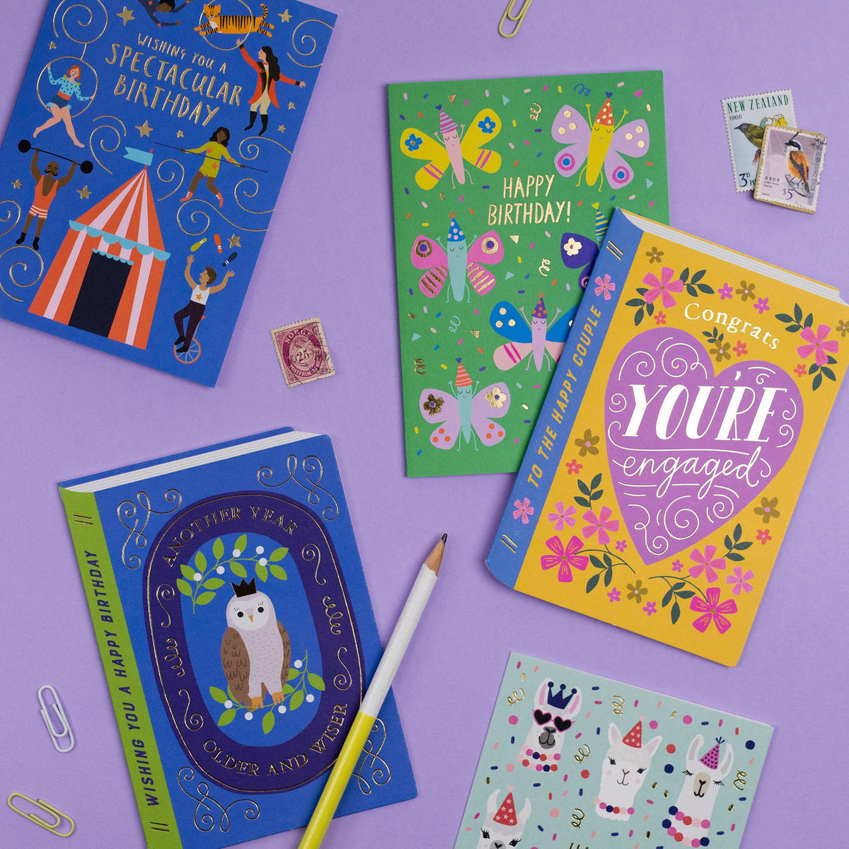 Whimsical Wise Owl Storybook Birthday Card with gold foil