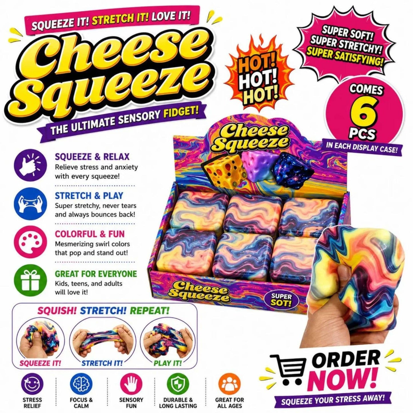Tie Dye Cheese Squeeze – Slow Rise Stretchy Sensory Fidget