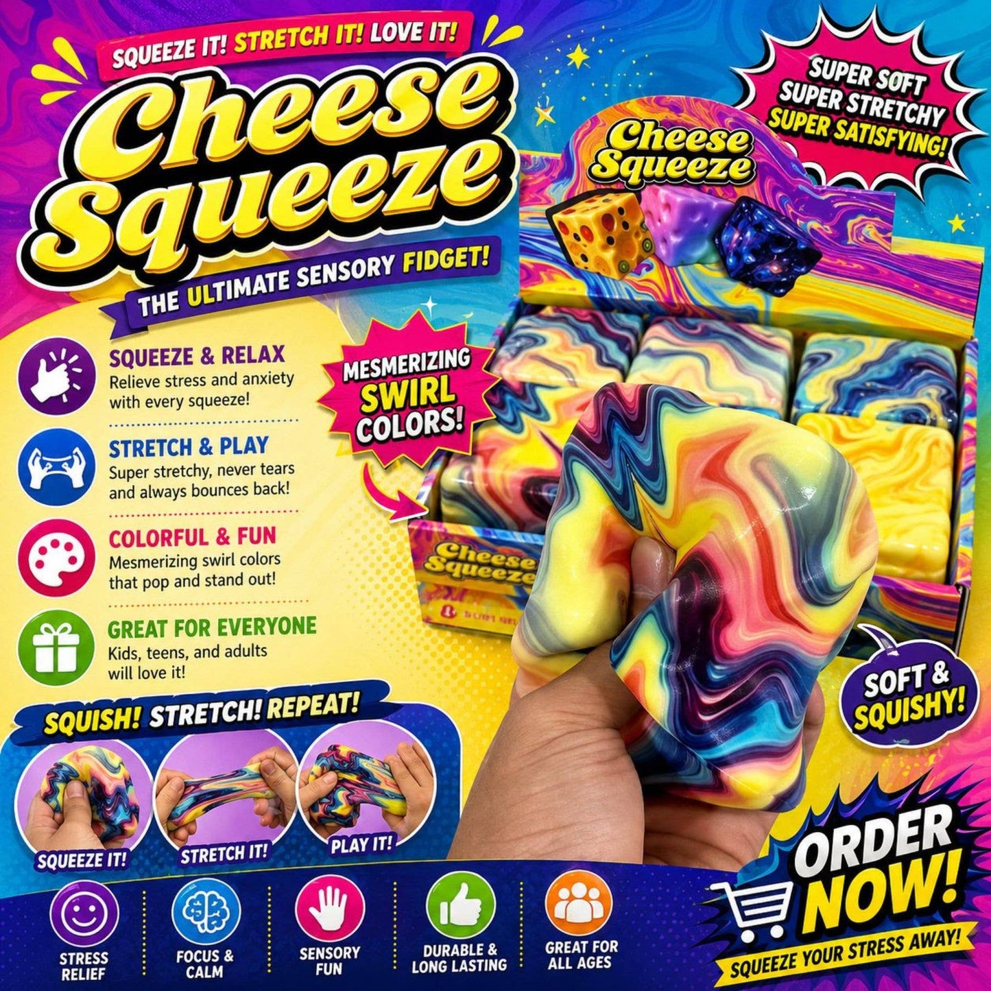 Tie Dye Cheese Squeeze – Slow Rise Stretchy Sensory Fidget
