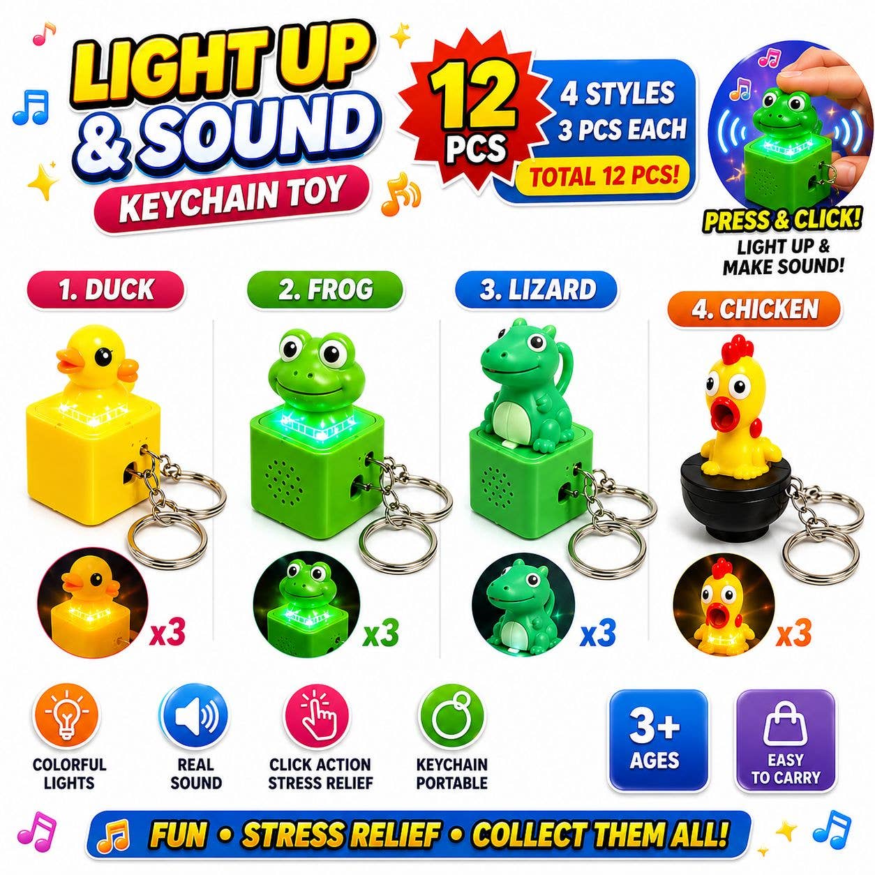 Light Up & Sound Stress Relief Keychain – Press-to-Click LED
