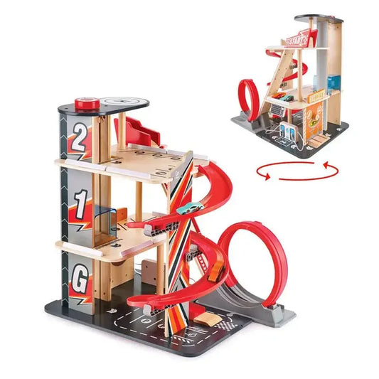 Hape Gearhead Stunt Garage Wooden High Rise Car Parking Lot